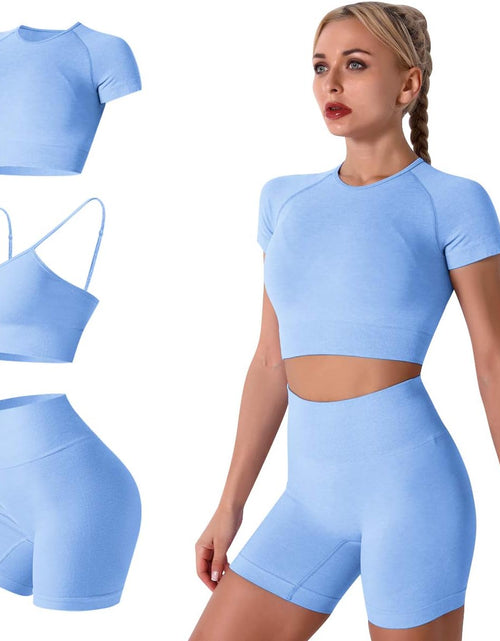 Load image into Gallery viewer, Women Seamless Yoga Outfits 2 Piece Workout Short Sleeve Crop Top with High Waisted Running Shorts Sets Activewear
