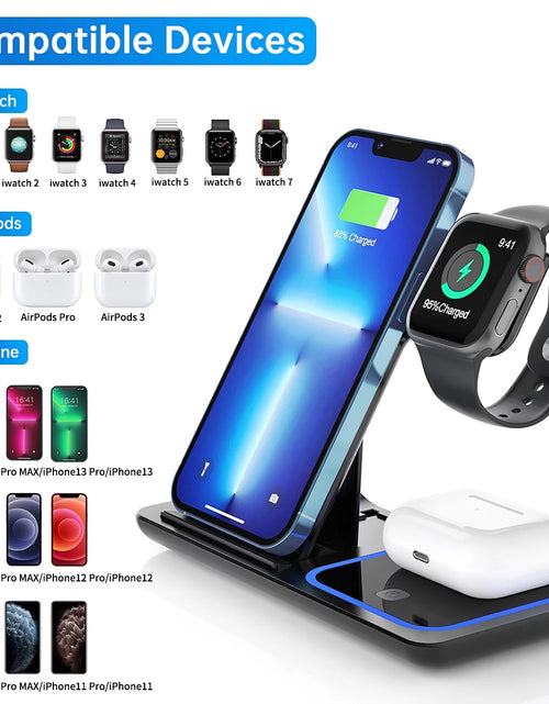 Load image into Gallery viewer, 2024 Upgraded Wireless Charging Station, 18W 3 in 1 Charger Station, Fast Charging Dock Stand for Iwatch Series 10/9/8/7/6/SE/5/4/3/2, Compatible with Iphone 16 15 14 13 12 11 Pro/Xs/Samsung &amp; Airpod
